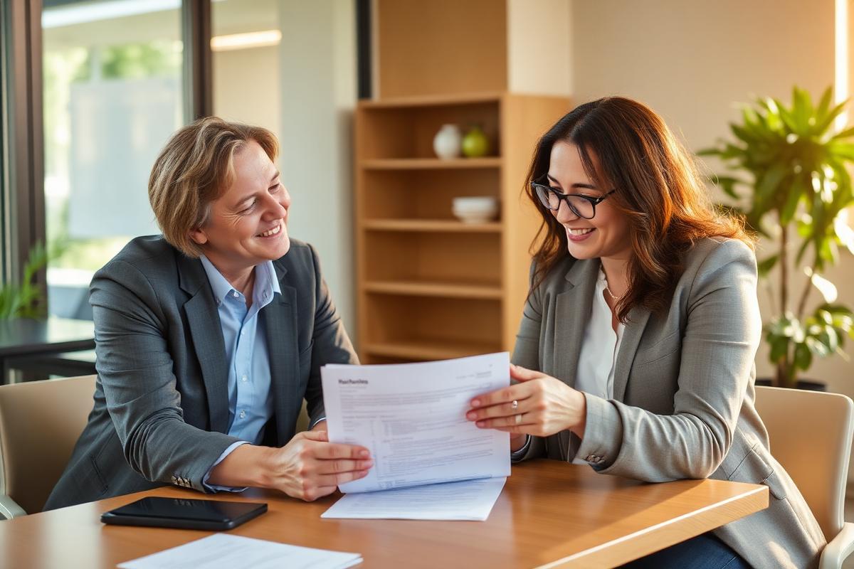 Two people reviewing a resume together at a table in a bright office