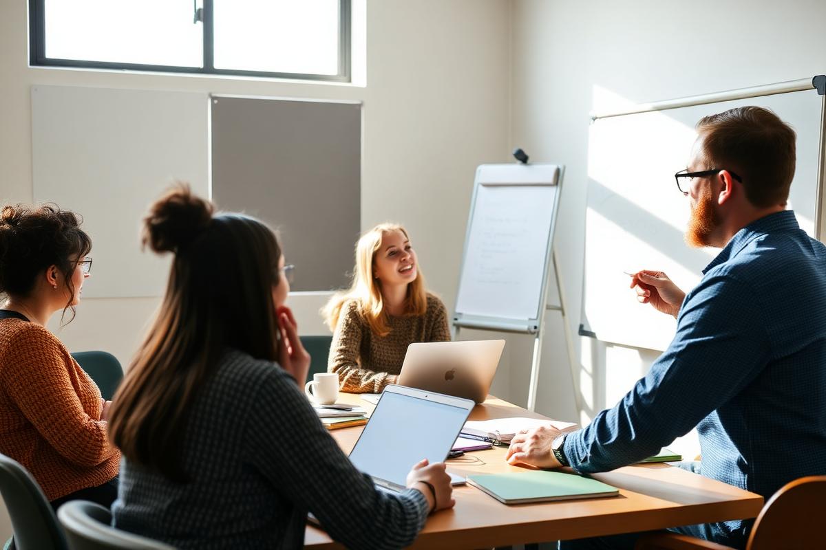 Adult learners and a facilitator in a small classroom workshop