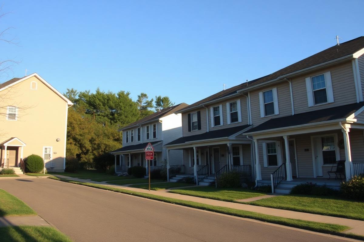 Row of modest townhomes with front porches on a quiet residential street