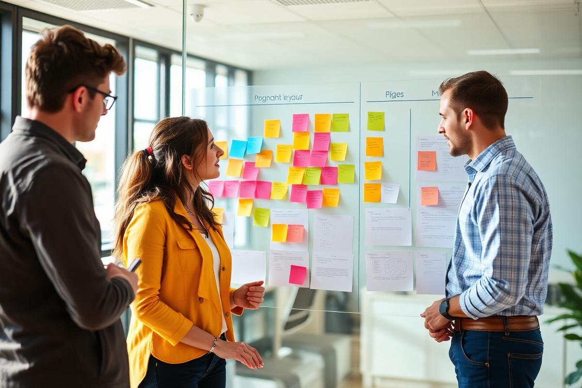 Small team reviewing notes and plans together on a planning board