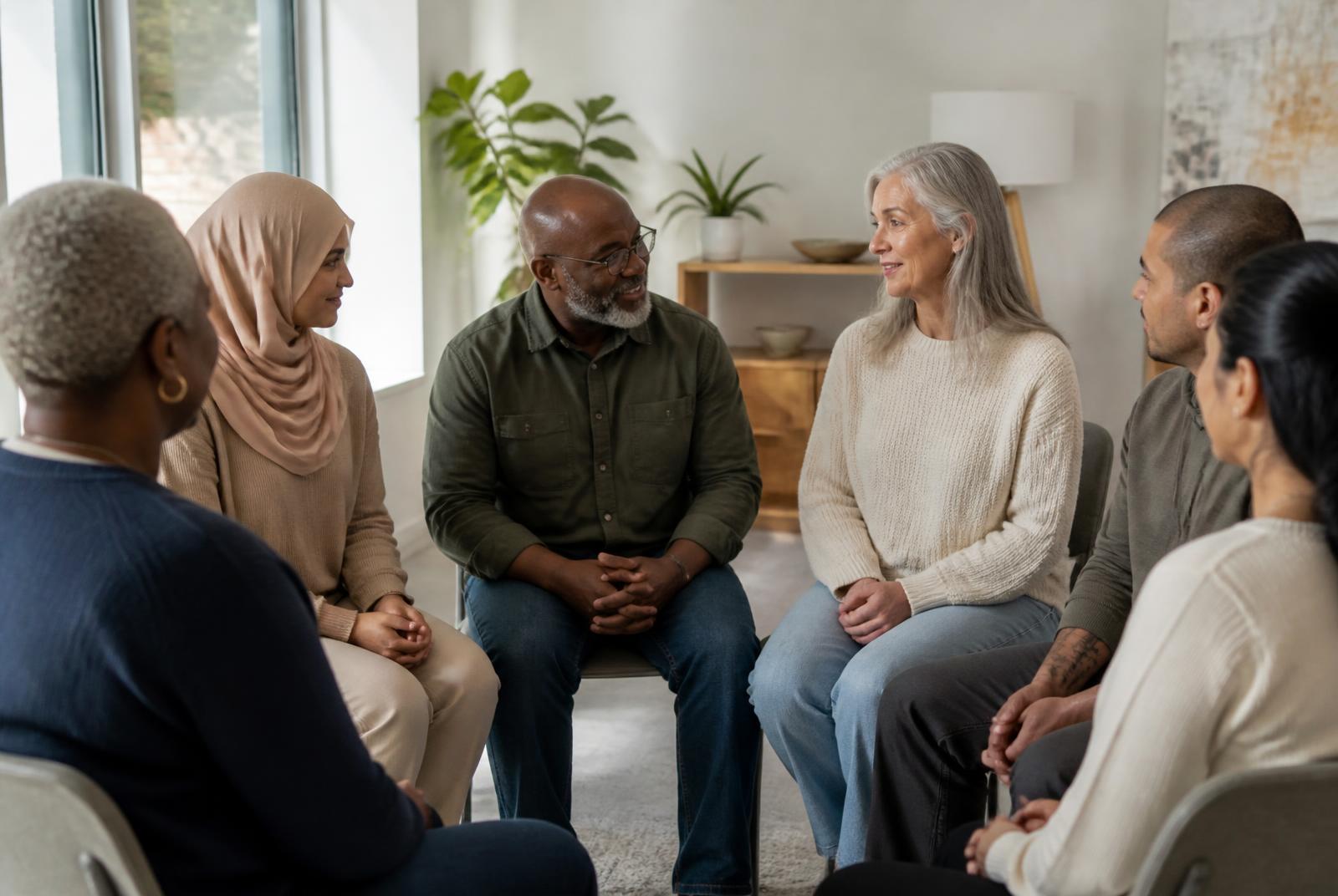 Group of community members seated together in a bright room in supportive conversation